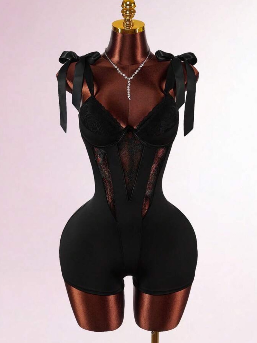 Black Lace Panel Bow-Shoulder Shapewear Romper